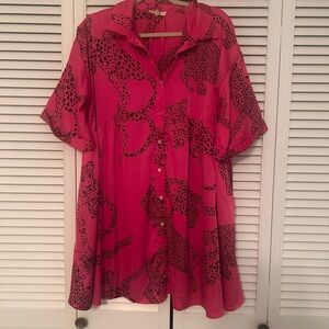 Hot pink satin cheetah print dress, size large. Functional buttons
